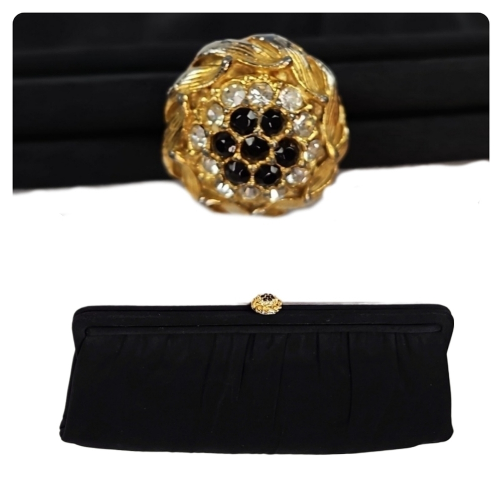 Vintage Jeweled Snap Closure Clutch Purse, Black, Gold Rose